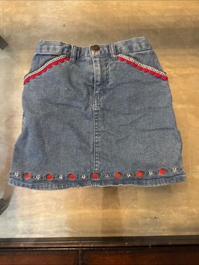 Hartstrings Denim Skirt with Red Trim and Floral Embroidery